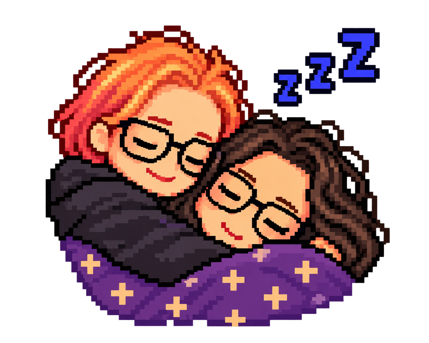 Ilustración en pixel art de dos personas durmiendo abrazadas bajo una manta violeta