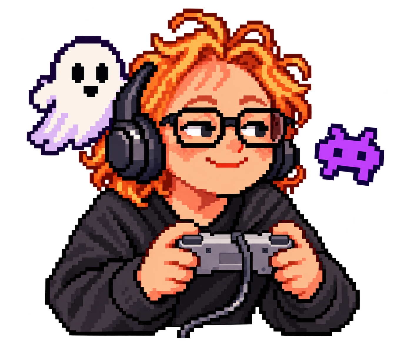 Mina en pixel art, con auriculares y un control de Super Nintendo